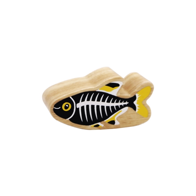 A chunky wooden black and white x-ray fish toy figure with a natural wood edge