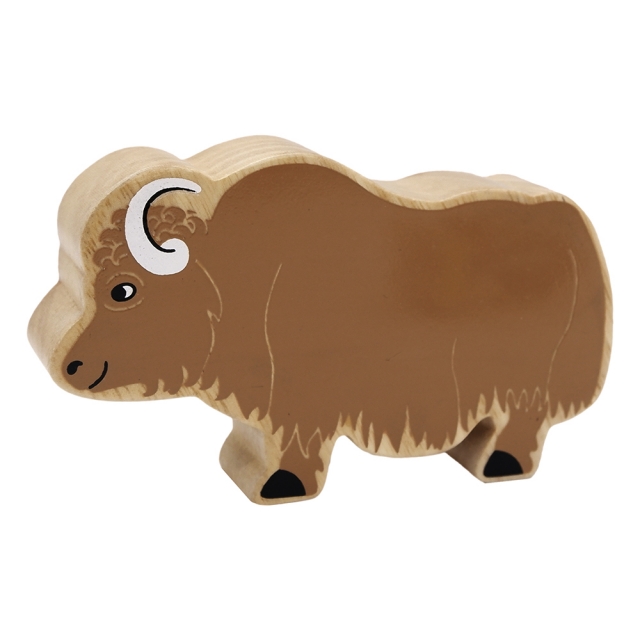 A chunky wooden brown yak toy figure with a natural wood edge