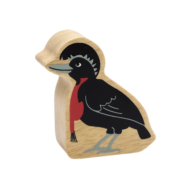 A chunky wooden black umbrella bird toy figure with a natural wood edge