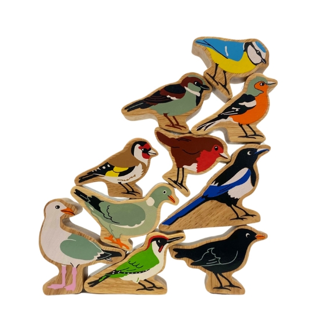 Wooden toy set playset containing 10 garden birds pictured stacked upon each other.
