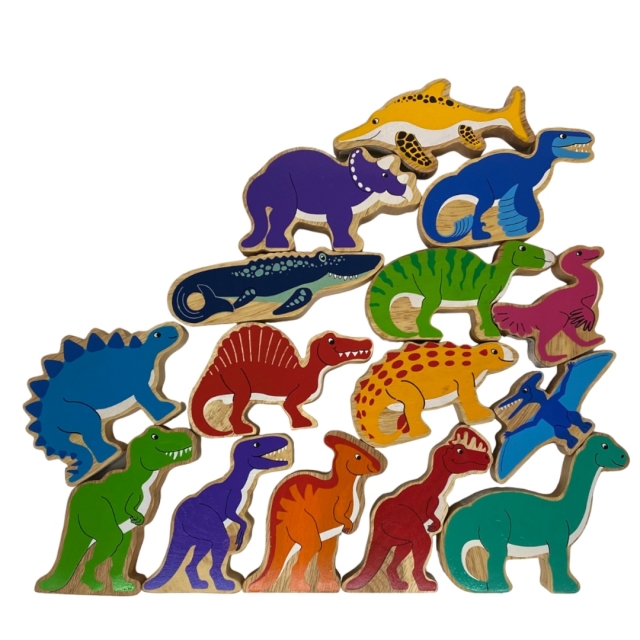 Wooden toy set containing 15 different colourful dinosaurs stacked upon each other.