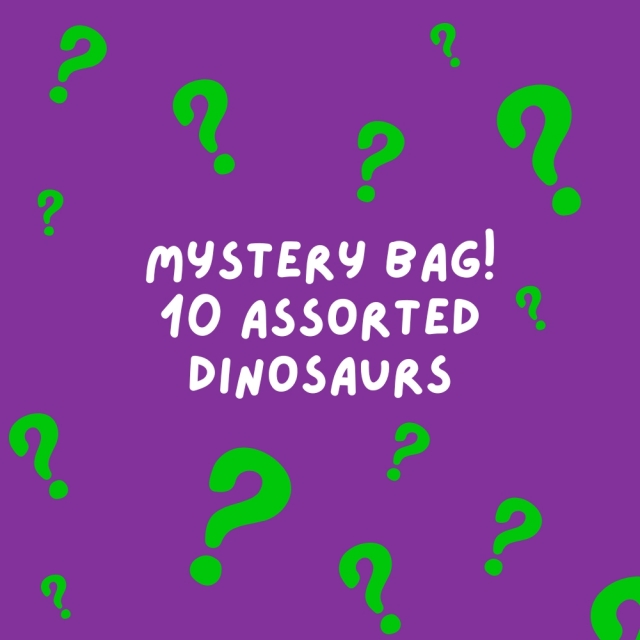 Purple back drop with floating green questions marks promoting dinosuar toy mystery bag