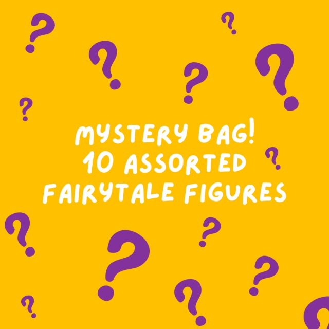 Yellow back drop with floating purple questions marks promoting fairytale toy mystery bag