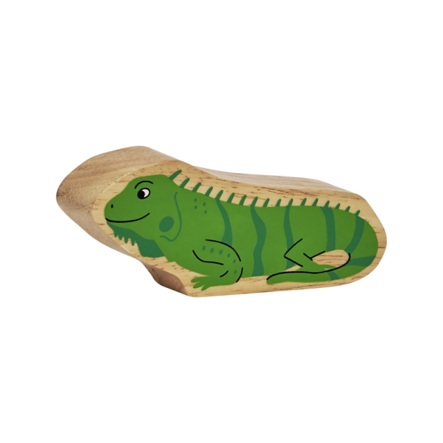 Chunky natural wood green iguana toy figure in situ