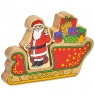 Father Christmas character shown sat on sleigh with pile of presents