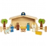 Wooden nativity playset with barns and characters in situ front view