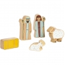 2 shepherds wooden characters with two sheep and hay bale