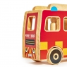 Front side view of red and yellow wooden fire engine playset