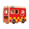 Red and yellow wooden fire engine playset with three firefighters and ladder