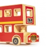 Front angled view of red wooden double decker bus playset with 5 peg people sat aboard