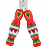 Traditional skipping rope with red heart designs painted on two multicoloured wooden handles